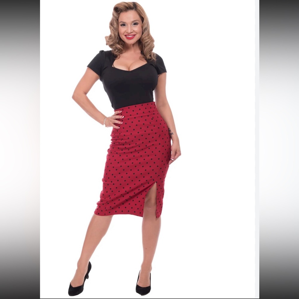RockSteady High Waisted Red Polka Dot Pencil Skirt with Slit